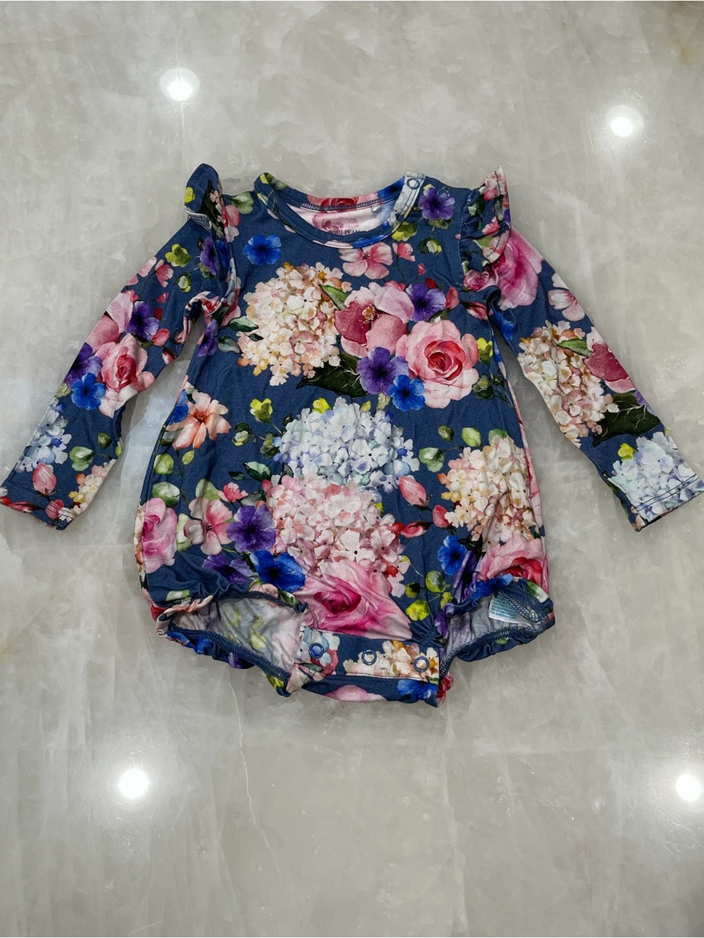 Posh Peanut Navy Floral Long-Sleeve Baby Romper - Pink & Blue Flowers
